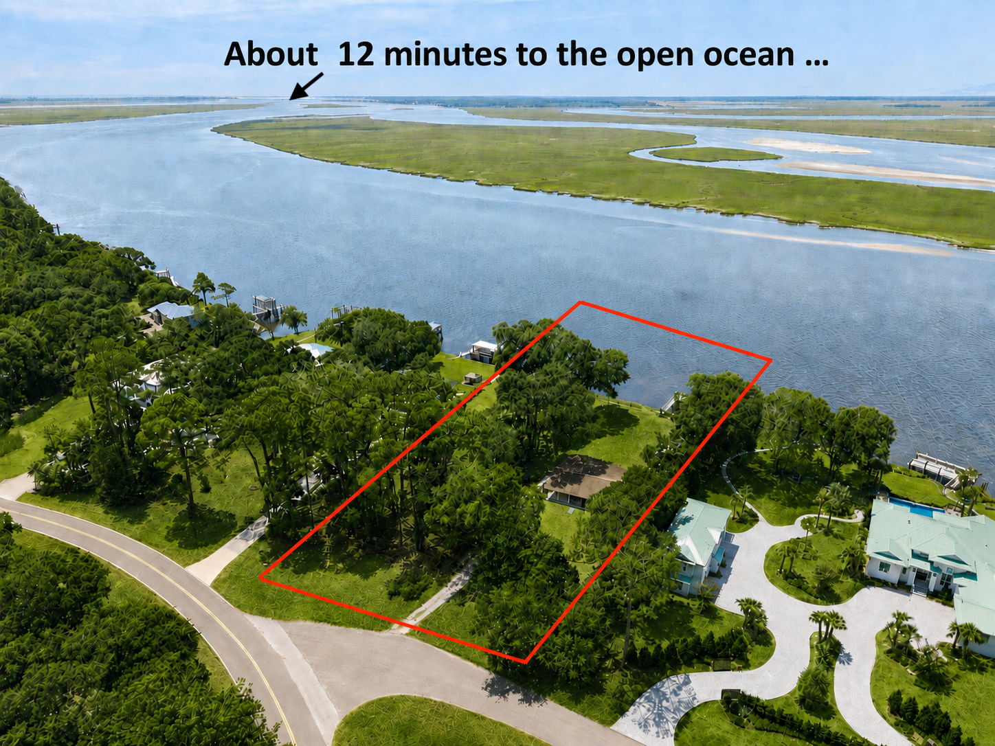 With approximately 25–30 feet of water at all tides, the open ocean is about 12 minutes away by boat…