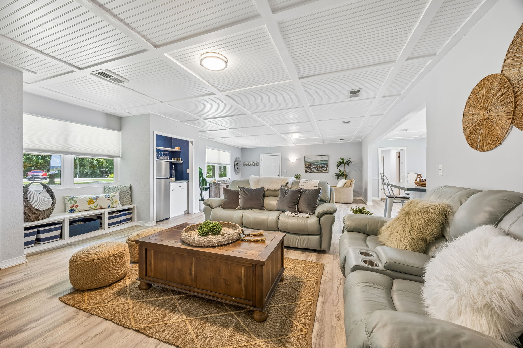 Continuous flooring and an open flow keep the living spaces feeling relaxed and connected.