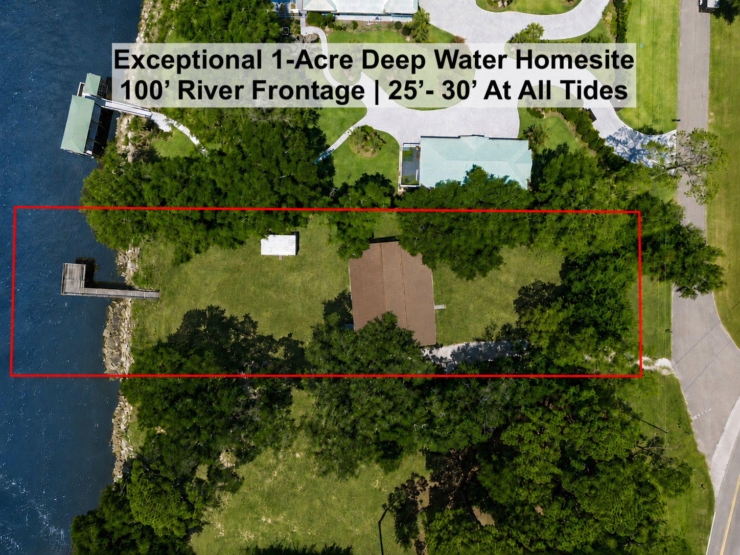 Exceptional 1-acre deep-water homesite with 100' of river frontage and 25–30' of water at all tides.