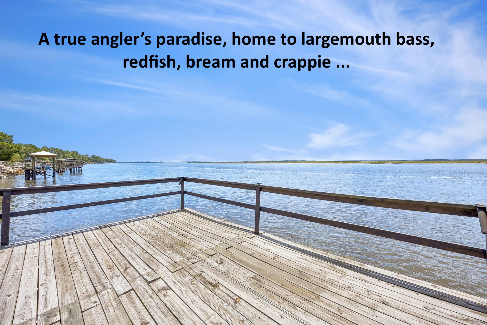Step out to the dock and cast a line for largemouth bass, redfish, bream and crappie...