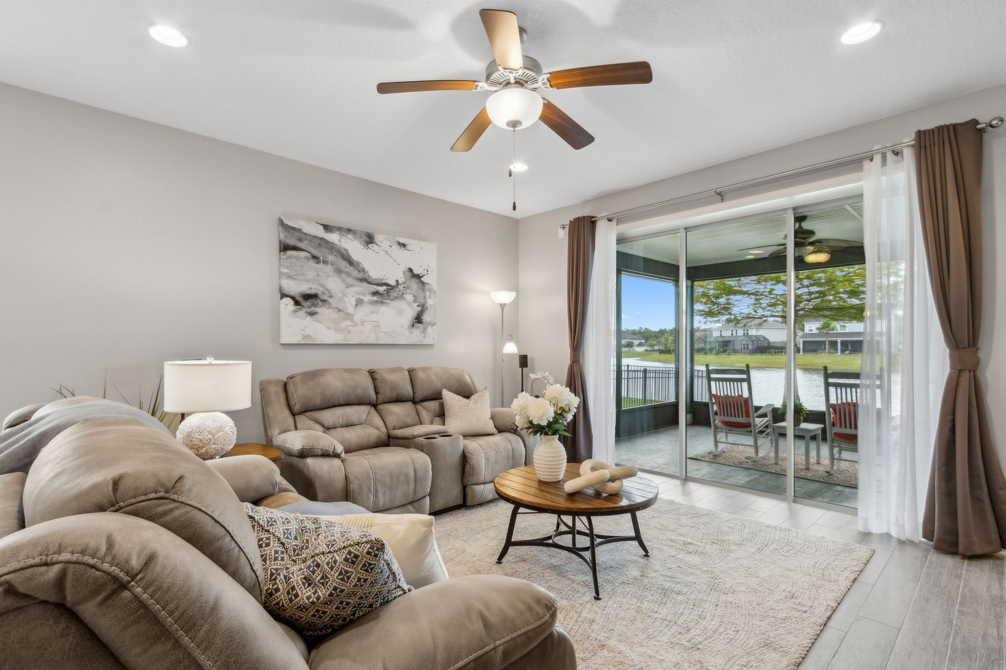 The family room is large, easily accommodating two couches ....