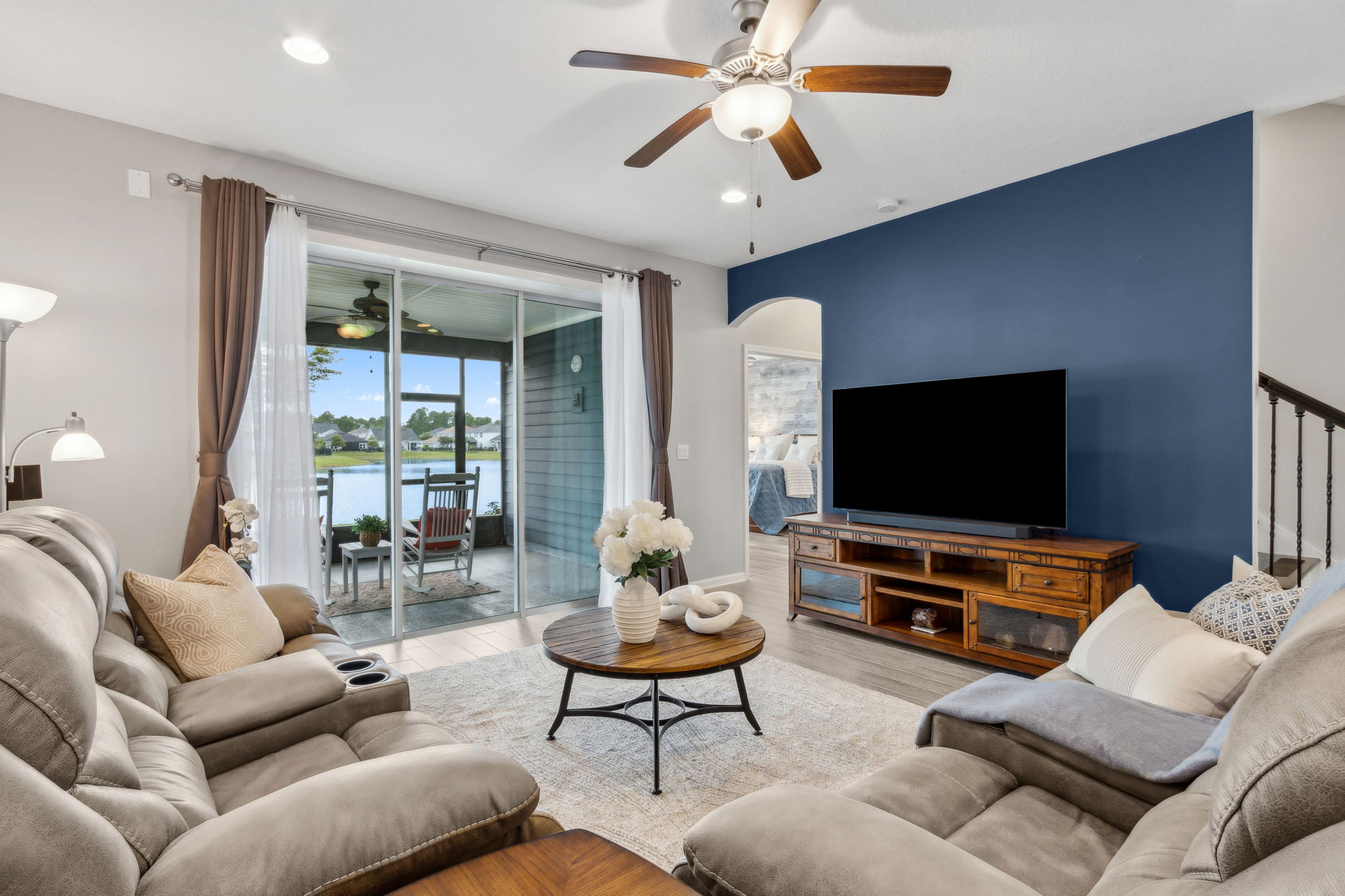 The neutral paint color palette features tans, whites and navy accents ...