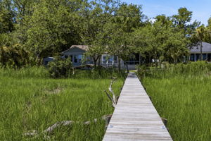 The private walkway creates a graceful connection between home and water through the natural marsh landscape