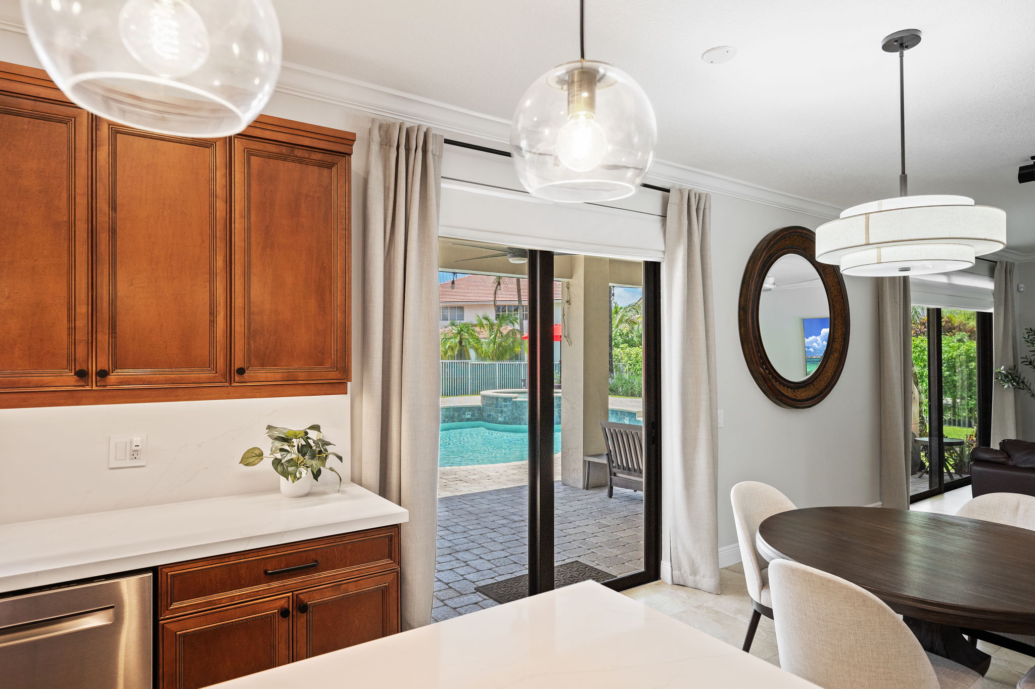 Kitchen view out to the pool patio