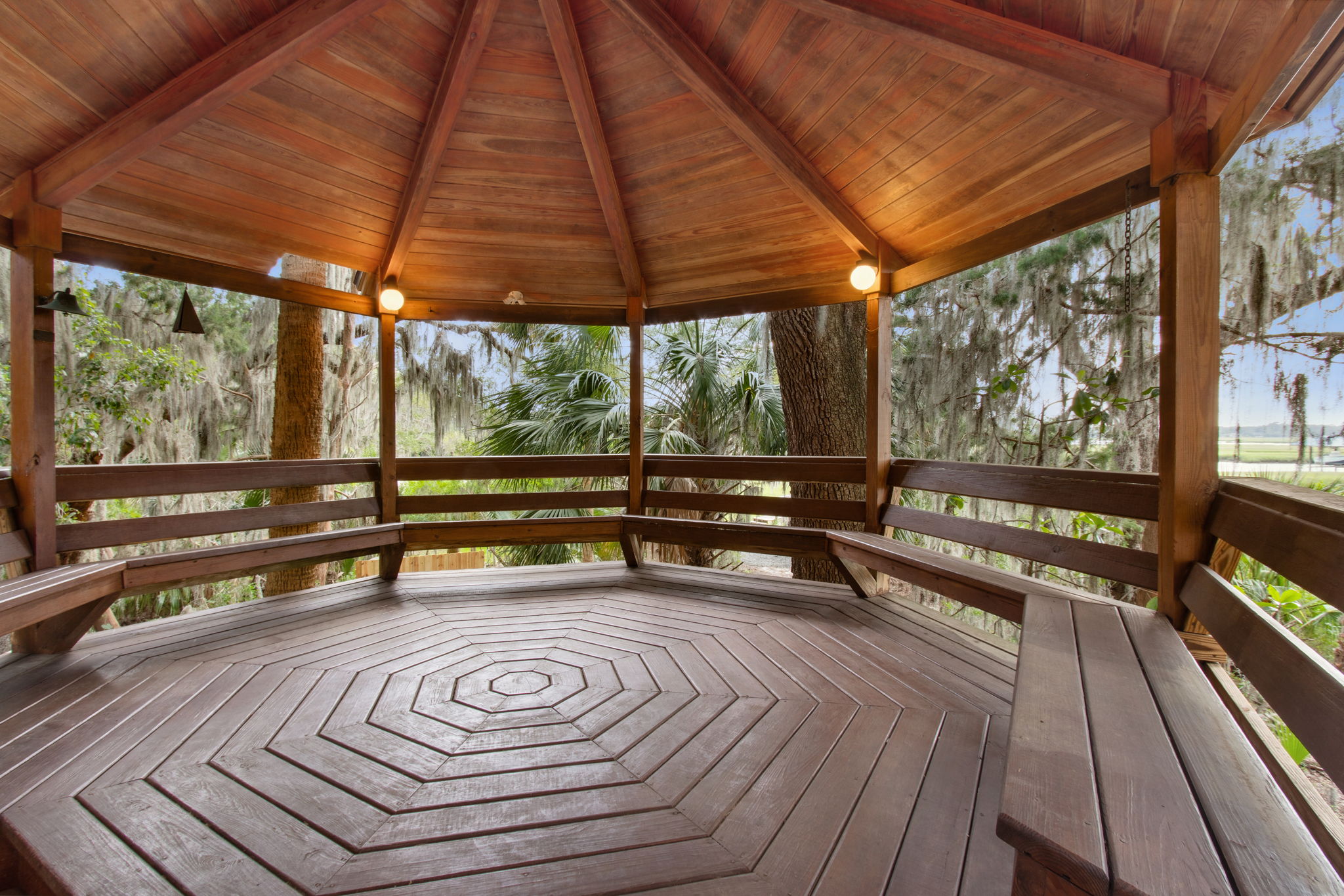 Gazebo-you must stand in the center and speak or sing!! Acoustics are marvelous!