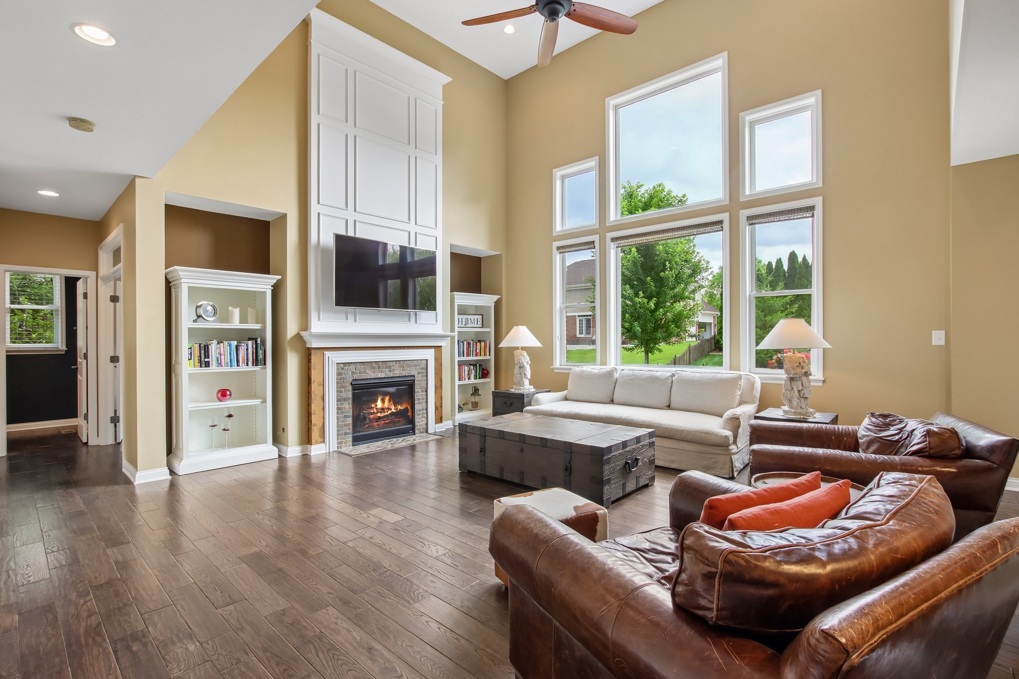 Great Room offers soaring feature fireplace