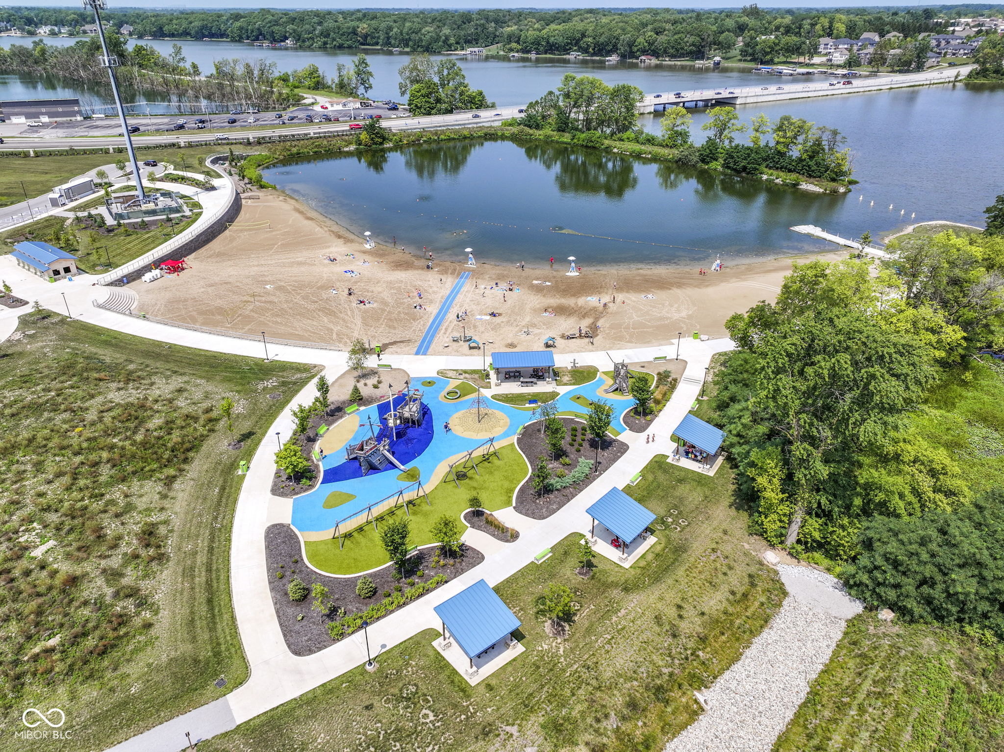 Aerial view of the Geist Waterfront Park located moments away via walking trails with playground area and beach with water activities