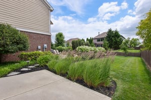 View of the backyard from the extended driveway with flagstone walk path