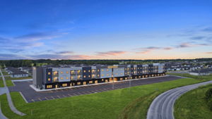 01 - Property Aerial - Front Exterior and Parking Lot - Virtual Twilight